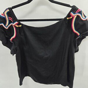 Catherine Malandrino Black Embroidery Off-Shoulder Blouse Size Large